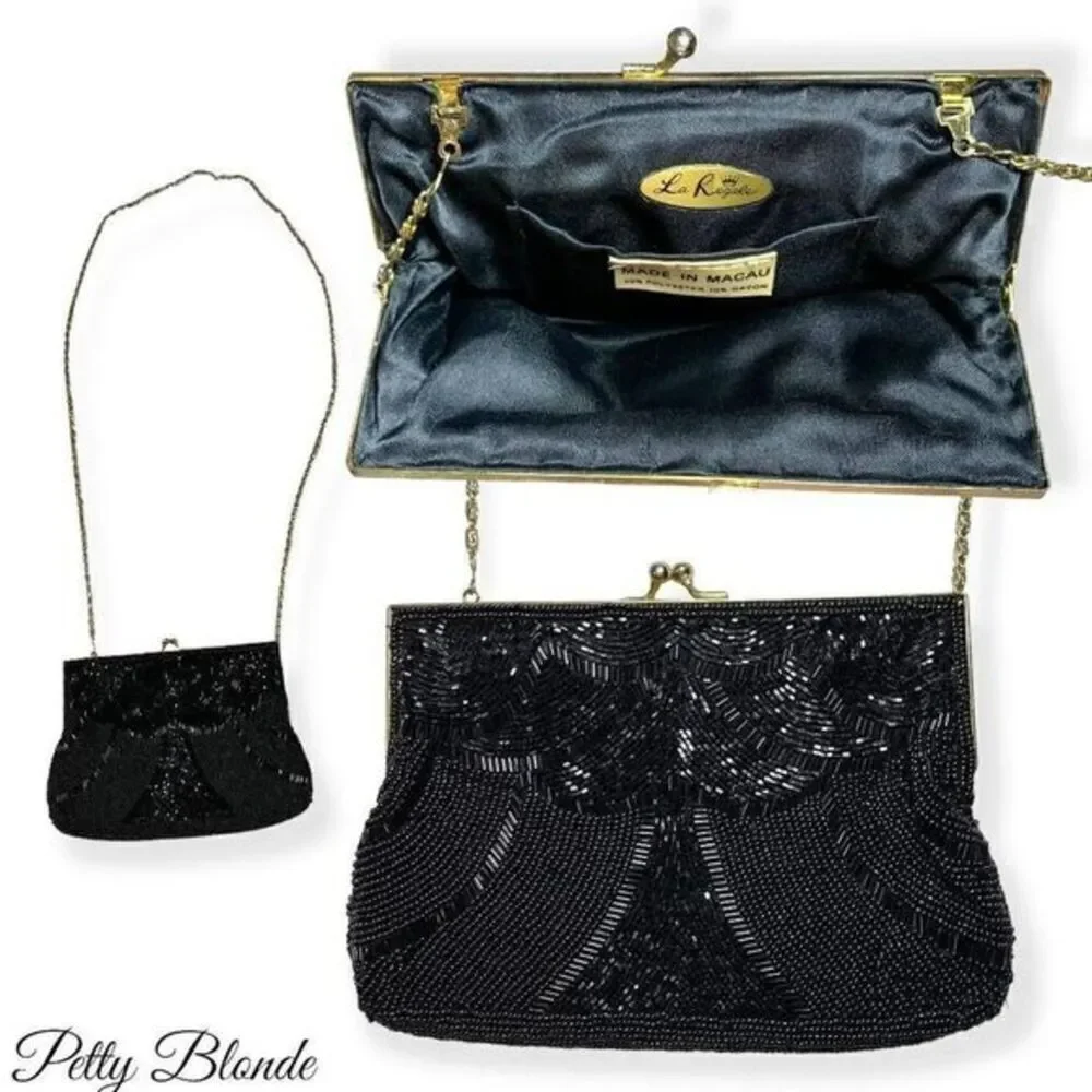 Elegant Black Beaded Clutch: Stunning Beadwork,‎ Dainty Strap, & Bronze Hardware